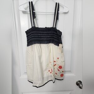 NEW! Twenty One Smocked Top in Dark Grey and Cream, Size Large